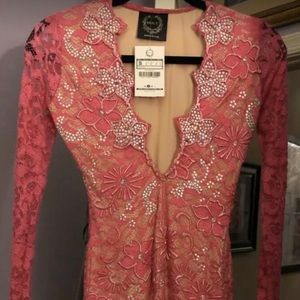 NWT HOLT ELI Pink Handmade Paint Lace rhinestones Embellished Dress